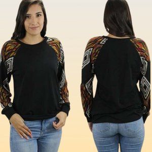 AZTEC PRINT LONG SLEEVE TOP, BLACK   NWT